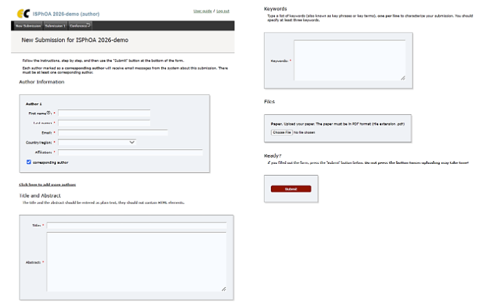 The EasyChair new submission form, with author information, title and abstract, keywords, a paper upload field and a Submit button.