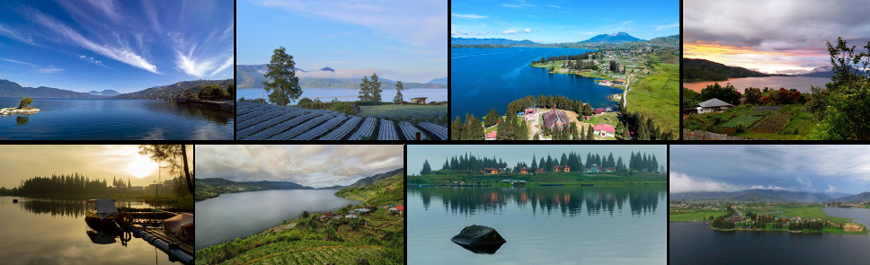 Eight views of the Alahan Panjang highlands and the Twin Lakes: still water under a wide blue sky; a tea plantation running down to the lakeshore; farmland and houses along the water with mountains behind; the lake at dusk; a wooden jetty and moored boats at sunrise; fields sloping to the shore under cloud; pines reflected in the flat water; and a small wooded island seen from above.