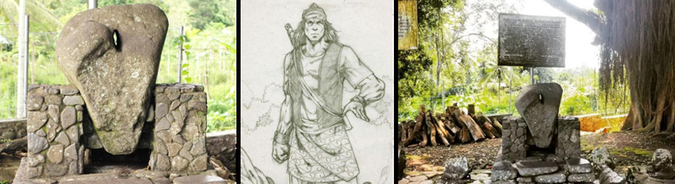 Three views of Batu Batikam: the pierced stone standing on its low stone base under a shelter; a pencil drawing of Datuak Parpatiah Nan Sabatang in traditional dress; and the stone beside an inscribed plaque under a large tree.
