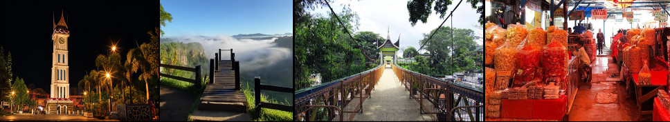 Four views of Bukittinggi: the Jam Gadang clock tower lit at night above the square; a hillside viewpoint looking out over mist in the valley; the ornamented footbridge Jembatan Limpapeh crossing above the trees; and the crowded stalls of the market with sacks of chillies and spices.