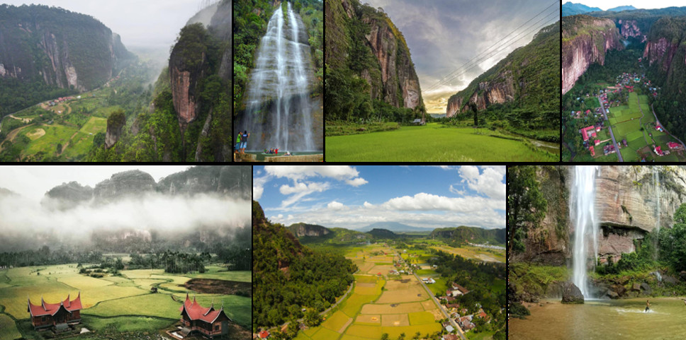 Seven views of Harau Valley: sheer rock walls rising above rice fields; a tall waterfall with visitors at its foot; the flat green valley floor enclosed by cliffs; an aerial view of red-roofed houses among the fields; mist lying across the valley behind traditional houses; the river and farmland from above; and a broad waterfall spilling from an overhanging cliff.