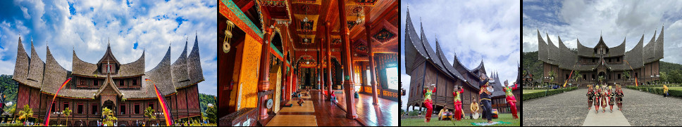 Four views of Istano Basa Pagaruyung: the palace front with its tiered, upswept rooflines under a bright sky; the carved and painted timber interior; dancers in gold headdresses performing on the lawn before the building; and a line of costumed performers on the approach path.