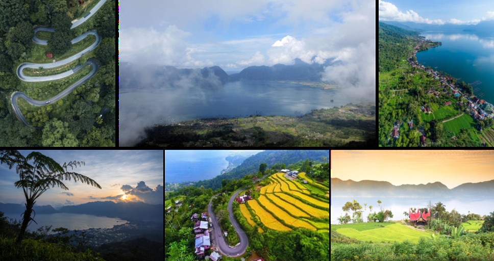 Six views of Lake Maninjau: the hairpin bends of the Kelok 44 road from above; the lake under low cloud within its caldera; the shoreline settlements and fields from the rim; the lake at sunrise framed by a tree fern; the switchback road descending past houses and terraced fields; and a rumah gadang above the fields with the lake and hills beyond.