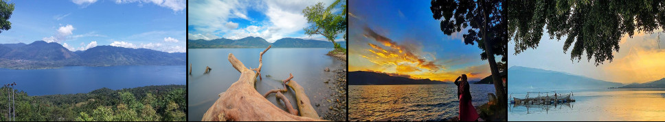 Four views of Lake Singkarak: the lake seen across treetops with hills behind; a weathered driftwood trunk on the shallows at the shore; a visitor silhouetted against an orange sunset over the water; and a wooden jetty reaching out under overhanging branches.
