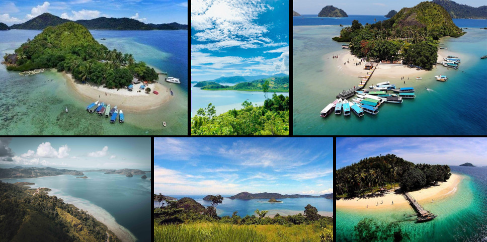 Six views of the Mandeh area: a wooded island with boats drawn up on its sandbar; clear shallows between green headlands; a jetty crowded with boats at an island beach; the bay and coastline from a hillside; the islands seen from a viewpoint above the trees; and a palm-covered island with a long sandbar and pier.