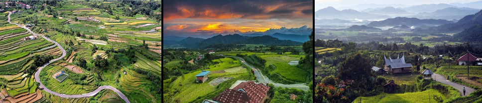 Three views of Nagari Tuo Pariangan: terraced rice fields stepping down a hillside with a road winding through them; the valley at sunset under an orange sky; and a rumah gadang with its pointed roofs among trees and farmland on the slopes of Mount Marapi.