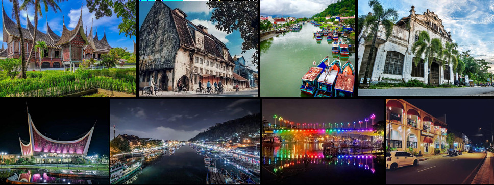 Eight views of Padang: a rumah gadang in its garden; the Dutch-era warehouses of the old town; brightly painted boats moored along the Batang Arau river; a weathered colonial building behind palms; the Grand Mosque of West Sumatra lit at night; the harbour and hills at dusk; the Siti Nurbaya bridge outlined in coloured lights; and an arcaded street in the old quarter after dark.