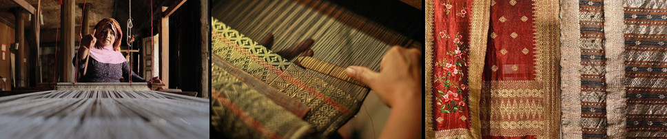Three views of songket weaving at Pandai Sikek: a weaver seated at a large wooden loom in a timber workshop; hands working gold and green thread into a patterned cloth; and finished songket lengths hanging on display.