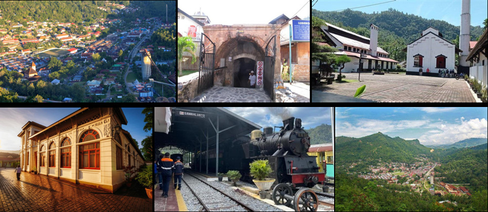 Six views of Sawahlunto: the town seen from above, set in its narrow valley; the arched entrance to the Mbah Soero mine; the white colonial-era mining buildings on their open square; the ornate old railway station in low sun; the steam locomotive Mak Itam standing at the Ombilin station platform; and the wooded hills surrounding the town.