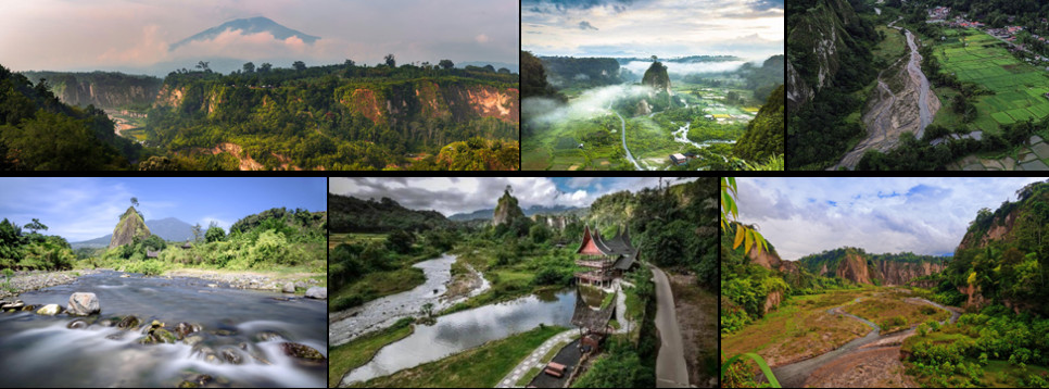 Six views of Sianok Canyon: the steep cliff walls dropping to farmland with a volcano beyond; the valley floor under low mist; an aerial view of the river winding between green fields; a long-exposure shot of the river running over rocks; a rumah gadang above the valley path; and a wide view along the canyon rim.